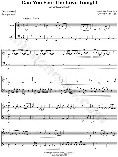 Duohansen Can You Feel The Love Tonight Violin And Cello Sheet Music In F Major Download