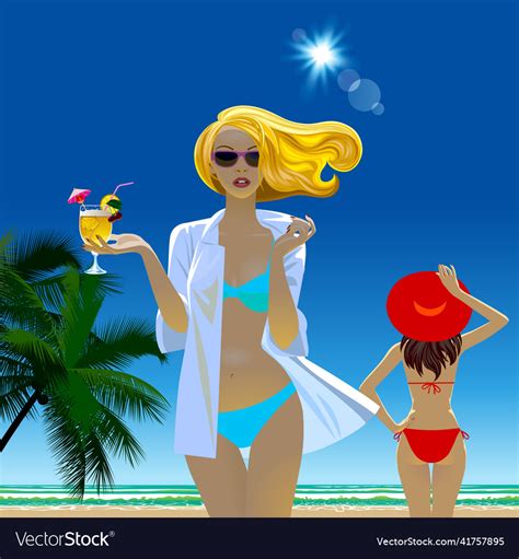 two sexy girls in swimsuits against the sunlight vector image
