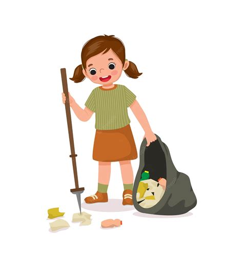 Premium Vector Little Girl Picking Up Trash Waste With Litter Picker