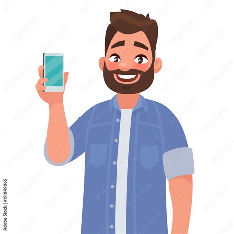 Man Is Showing The Phone People And Gadgets Vector Illustration In