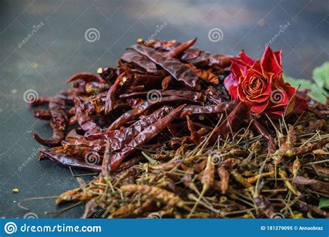 Dried Pods Of Chili Peppers Of Different Varieties Stock Image Image