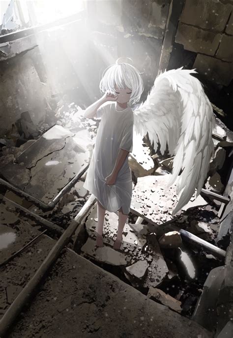 Sakeharasu Original 1girl Ahoge Angel Wings Arm Up Barefoot