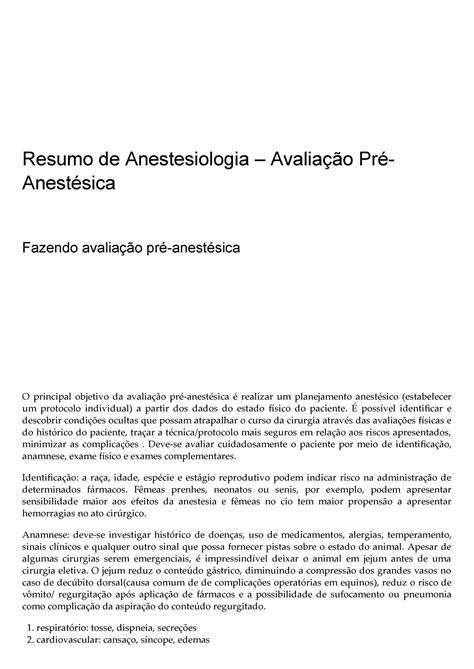 Avaliação Pré Anestésica Resumo De Anestesiologia Avaliação Pré