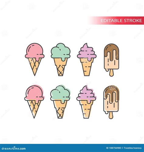 Ice Cream With Wafer Cone Colorful Icon Set Stock Vector Illustration Of Tasty Mint