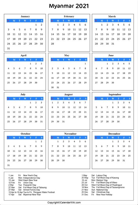 Printable Myanmar Calendar 2021 With Holidays Public Holidays