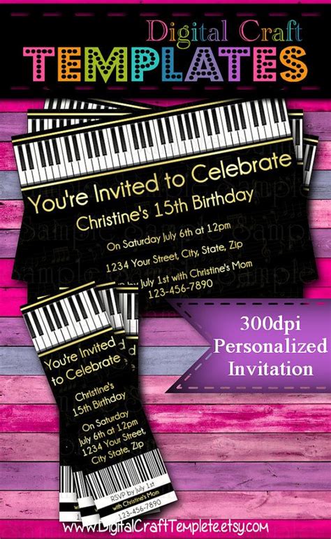 Personalized Printable Invitations Piano Musical Birthday Music