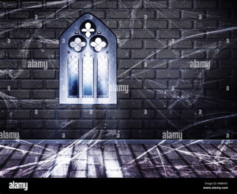 Illustration Of Brick Wall Interior With Wood Floor And Gothic Window