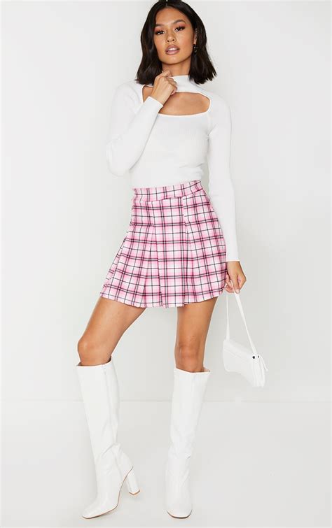 Pink Check Scuba Pleated Mini Skirt Skirts Prettylittlething