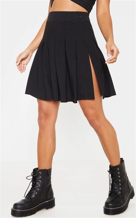 Petite Black Pleated Side Split Tennis Skirt Prettylittlething