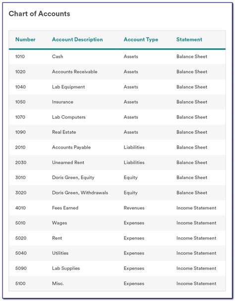 Personal Chart Of Accounts Template