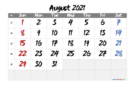 Printable Calendar For August 2021