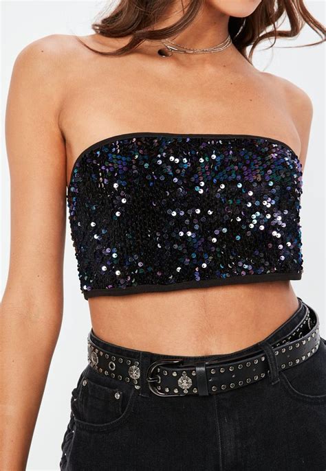 Black Sequin Bandeau Bralet Missguided Womens Tops Tops Fashion