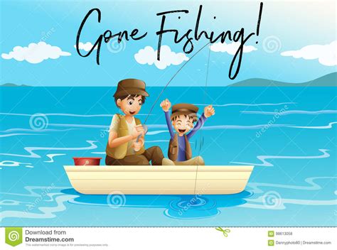 Pesca Del Figlio E Del Padre Con La Pesca Andata Parole Illustrazione