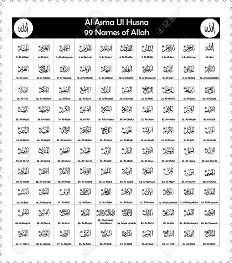 Ninety Nine Attributes Names Of Allah Al Asma Ul Husna Royalty Free Cliparts Vectors