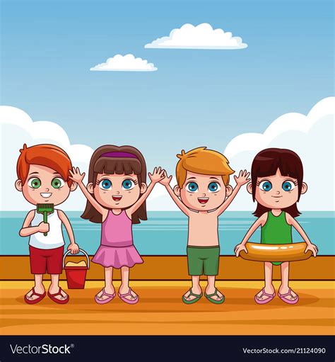 Cute Kids At Beach Cartoon Royalty Free Vector Image