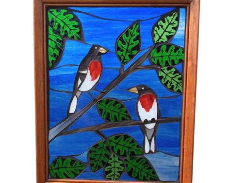 Rose Breasted Grosbeak Bird Suncatcher Created Using Stained Glass