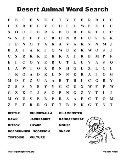 Desert Animal Word Search Middle