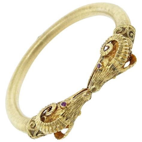 Classic Lalaounis Double Rams Head Gold Bangle From A Unique Collection Of Vintage Bangles At