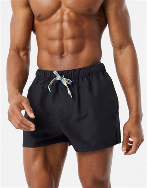 Asos Design Swim Shorts In Black With Multicoloured Drawcord Super Short Length Asos