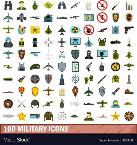 100 Military Icons Set Flat Style Royalty Free Vector Image