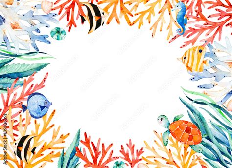 Oceanic Watercolor Frame Border With Cute Turtleseaweedcoral Reef