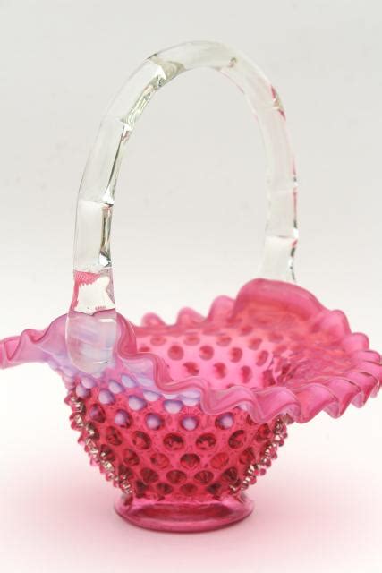 Vintage Fenton Cranberry Opalescent Glass Brides Basket Hobnail Pattern Glass