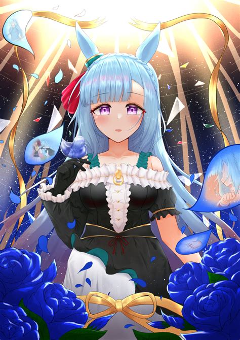 Safebooru 1girl Absurdres Blue Hair Blush Breasts Commentary Request Gloves Hair Ornament
