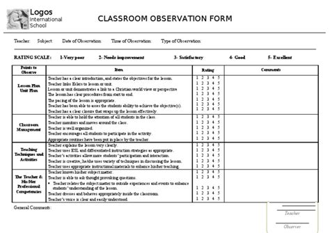 Classroom Observation Form With Esl And Differentiated