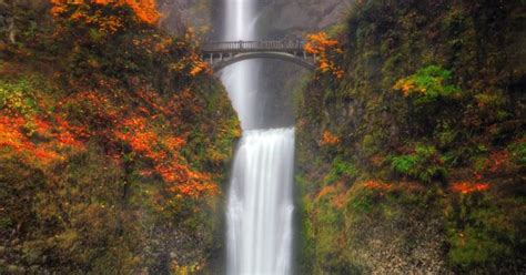 Multnomah Falls With Autumn Colors Leaves Turn Brown And Give