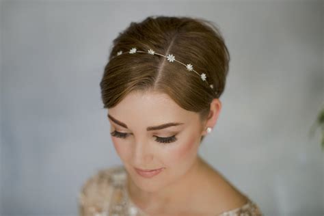 simple flower wedding headband in gold silver or rose gold daisy pixie wedding hair short