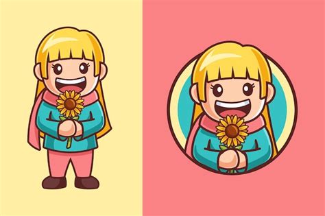 Premium Vector Cartoon Girl Holding A Sunflower
