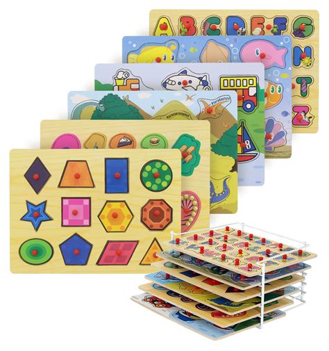 Etna Wood Peg Puzzle Set With 6 Puzzles And Wire Storage Rack Abc