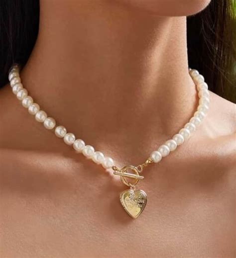 Pearl Necklace Pearl Heart Necklace Heart Pendant Gold Etsy