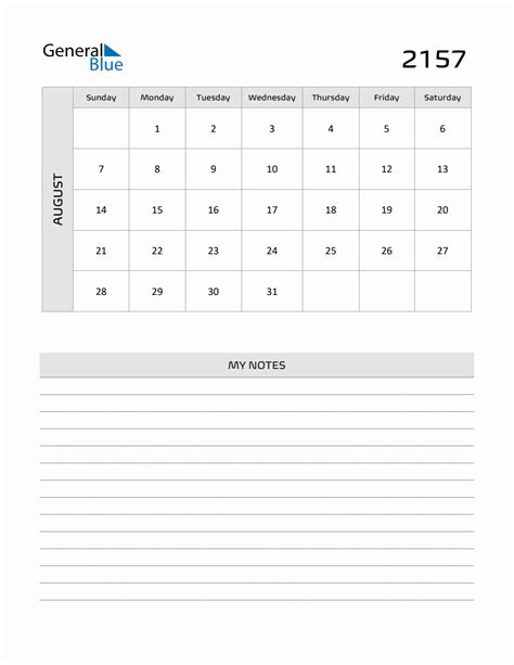 August 2157 Printable Monthly Calendar With Notes
