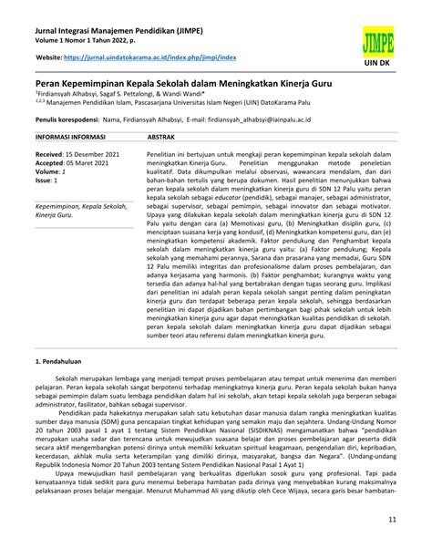 PDF Peran Kepemimpinan Kepala Sekolah Dalam Meningkatkan Kinerja Guru