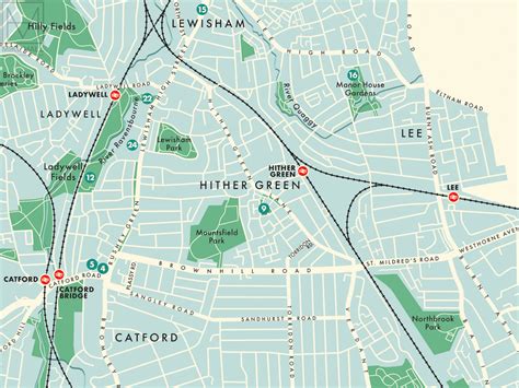 Lewisham London Borough Retro Map Giclee Print Mike Hall Maps