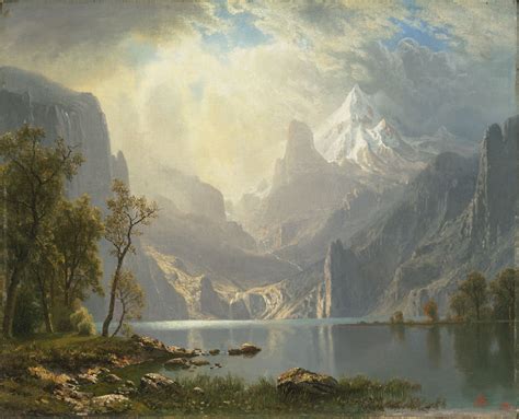 A Painting Of Mountains And Water With Trees In The Foreground