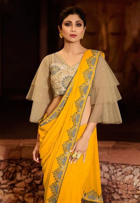 Shilpa Shetty Yellow Silk Saree Sf9242 9 Fancy Blouse