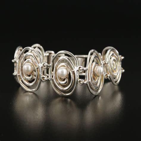 Sterling Silver Cultured Pearl Swirl Panel Bracelet Cultured Pearls Sterling Silver Bracelets