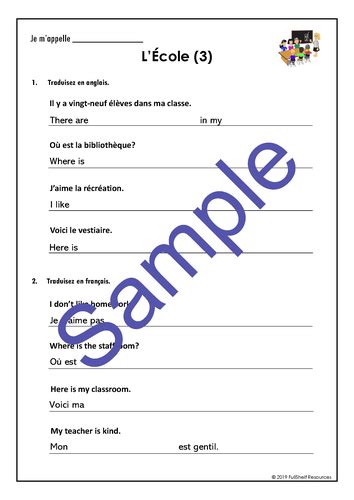 French School Vocabulary Worksheets Lecole Teaching Resources