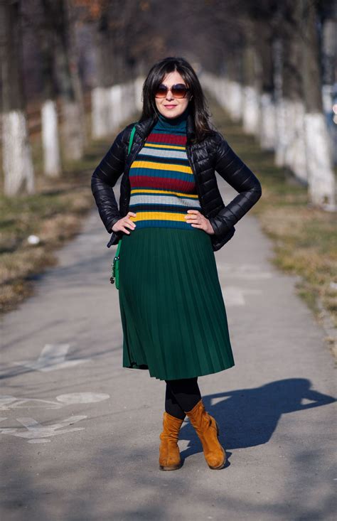 Colourful winter stripes: colourful turtle neck, sweater, stripes, striped sweater, green sk ...