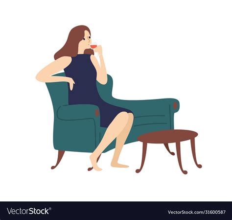 Elegant Woman Drinking Wine Sitting On Couch Vector Image