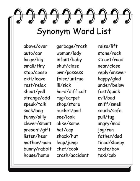 Synonym List For 3rd Grade