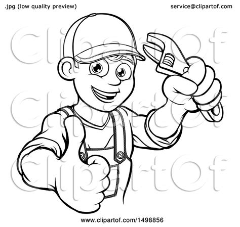 Clipart Of A Black And White Cartoon Happy Male Plumber