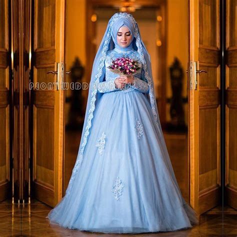 Luxury Blue Muslim Wedding Dress Long Sleeve Beaded Lace Tulle Hijab Muslim Wedding Dresses With