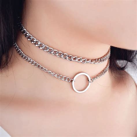 Buy 2017 New Punk Round Circle Double Layer Metal Chain Choker Necklace For