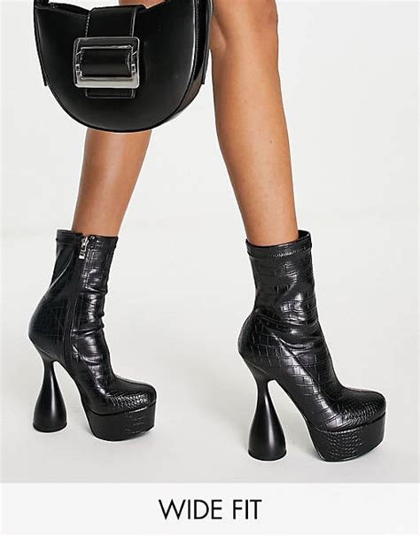 Simmi London Wide Fit Flare Heel Platform Boots In Black Croc Asos
