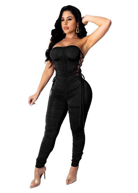 Low Cut Sexy Bandage Pleated Solid Color Jumpsuit Wmz2604