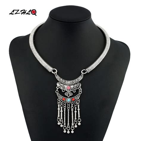 lzhlq 2019 rhinestone choker necklaces for women vintage carving alloy resin long tassel collar