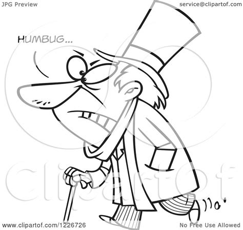 Clipart Of A Cartoon Black And White Grumpy Scrooge Saying Humbug
